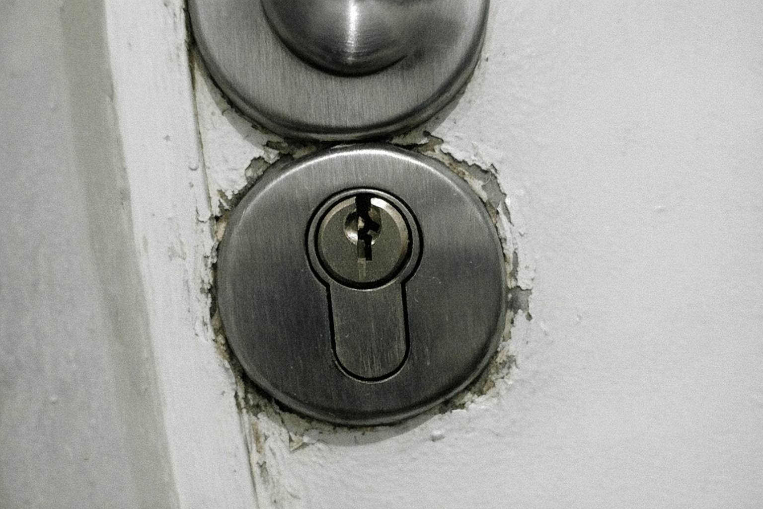 Haustür mit montiertem Schutzbeschlag und sichtbar stabilem Zylinder-Kernziehschutz