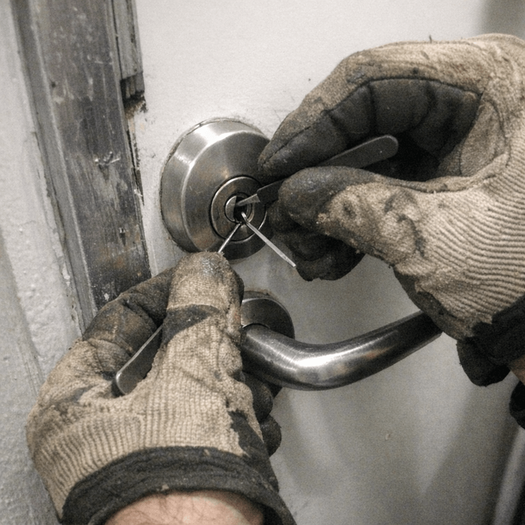 Monteur kniet vor einer Wohnungstür und arbeitet mit Spezialwerkzeug am Schließzylinder