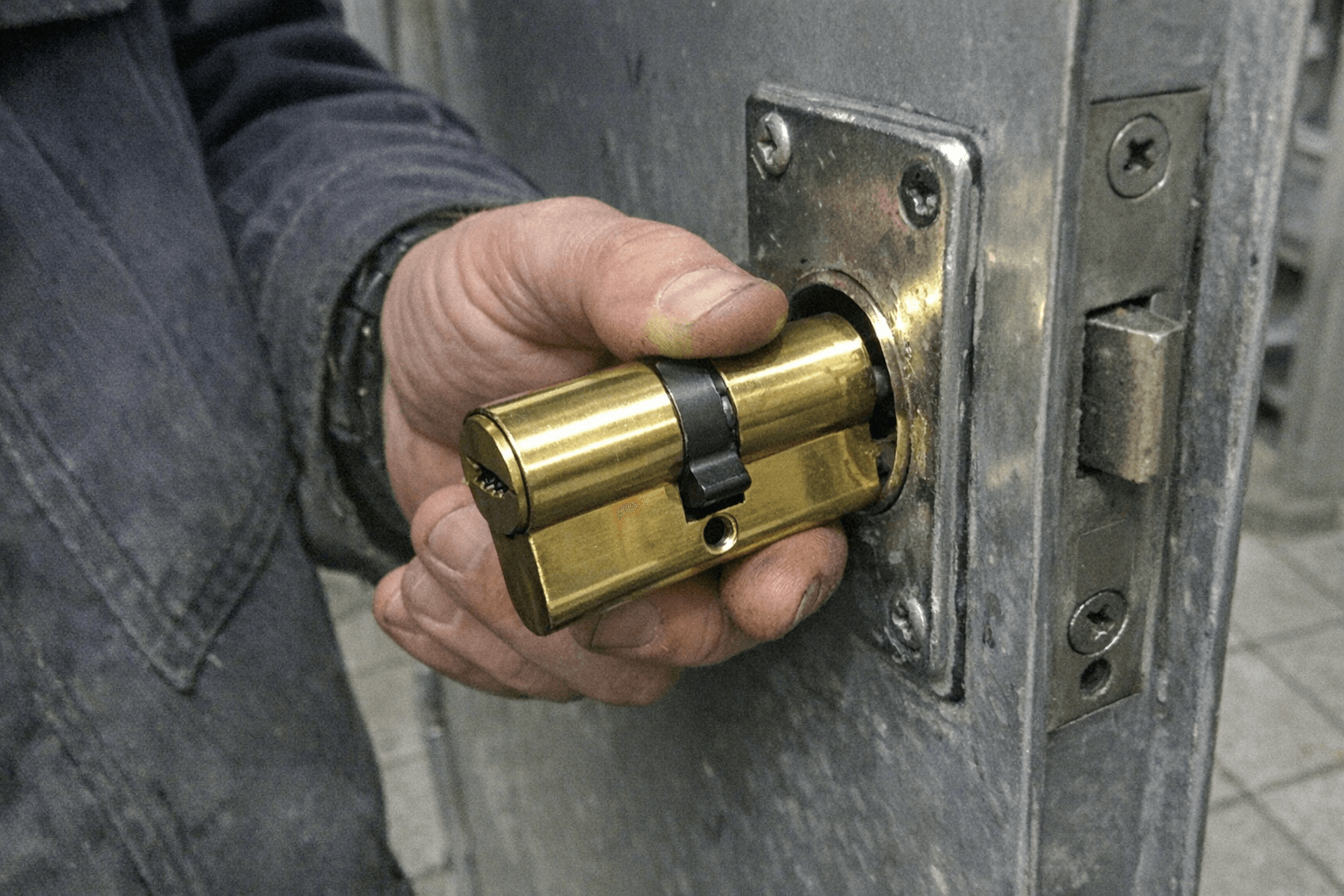 Detailfoto eines Profilzylinders in einer Tür, daneben liegen passende Schlüssel auf einer Werkbank